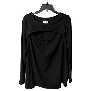 Terra & Sky Black Ribbed Cut Out Knit Top Sz 1X Sexy Long Sleeves Pullover